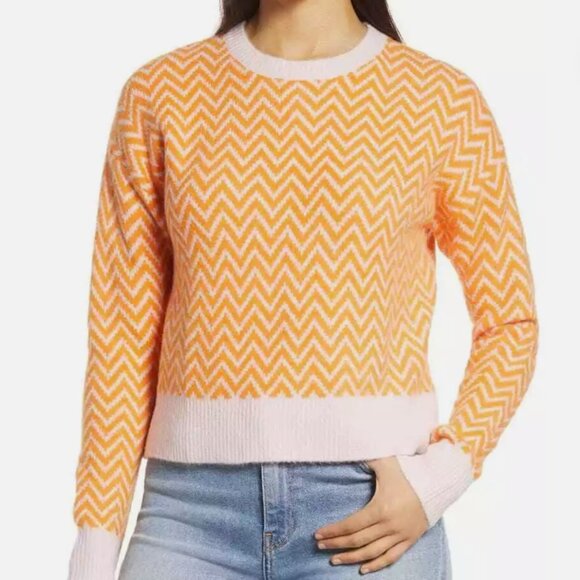 Halogen x Atlantic-Pacific Sweater Orange Pink Crop Boxy Sz XS Chevron Academia - Picture 1 of 12